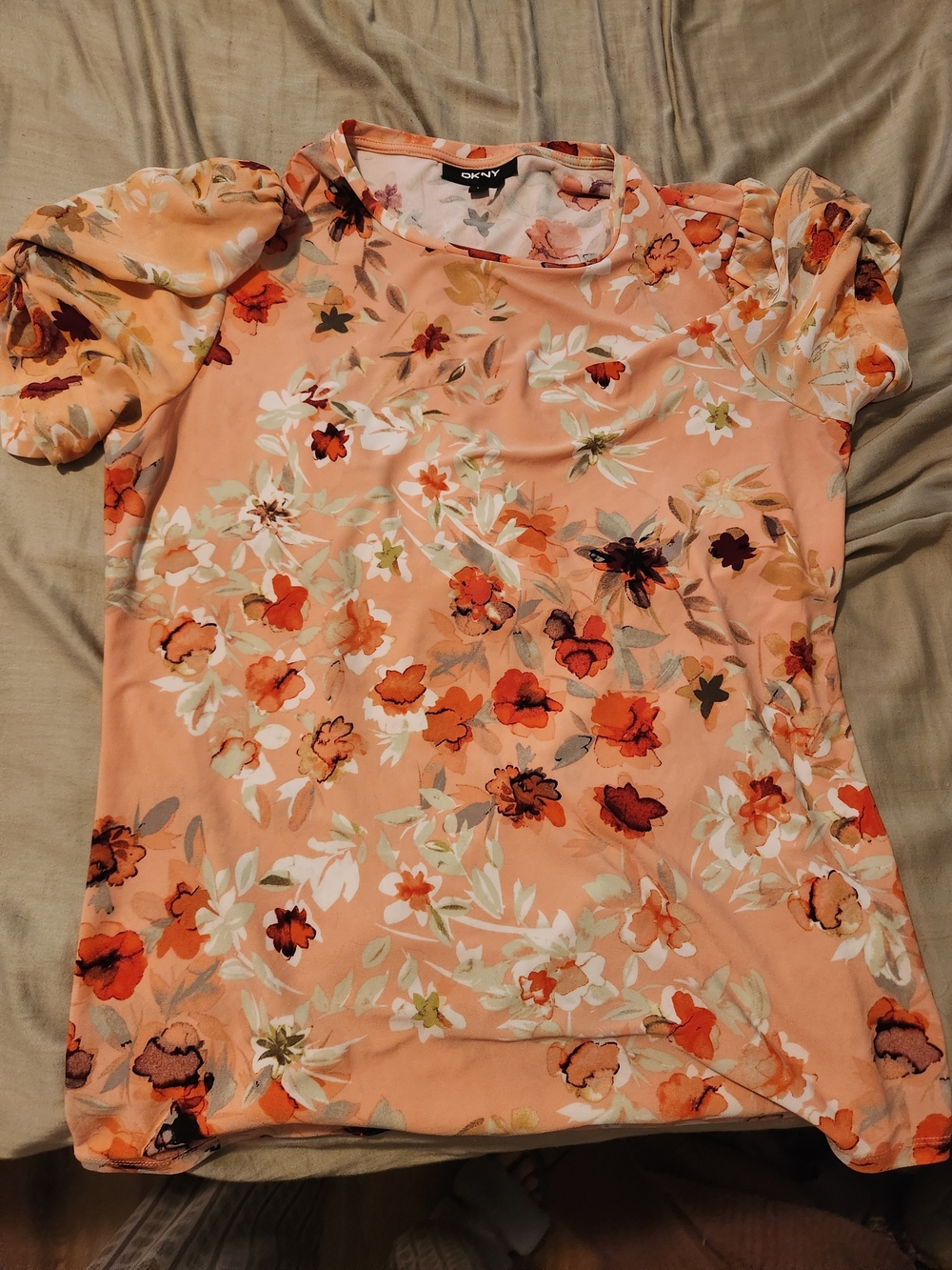 DKNY Peach Floral Puff-Sleeve Blouse